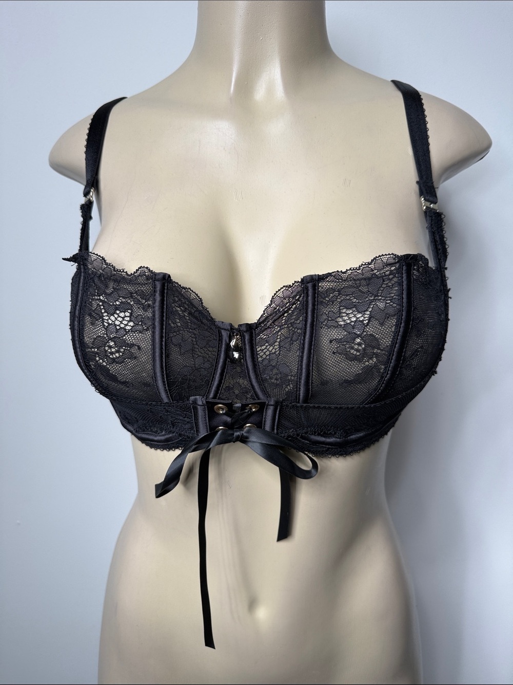 Honey Birdette Black Lace Underwire Bra with Front Satin Tie NWOT
